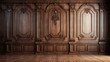 Interior vintage teak wood panels in classic 3d rendering background