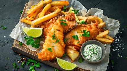 Wall Mural - Fish and Chips Platter: The central focus is on a wooden platter holding several pieces of golden-brown, crispy fried fish fillets.