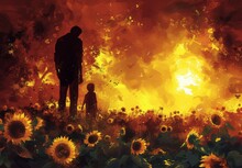 Two People Standing Amidst Vibrant Sunflowers In A Picturesque Field Under The Bright Sun