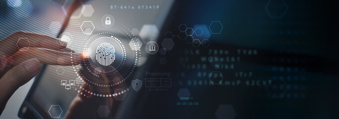 Wall Mural - biometric security, data encryption. businessman using fingerprint identity to access personal finan