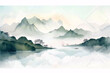  A serene landscape with misty mountains, a calm lake, and a lone boatman, encapsulating tranquility and natural beauty.