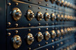 Close-up bank golden safe deposit box, nobody, background with copy space. Safe storage of valuable things in a safe deposit box.
