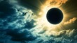 Amazing scientific natural phenomenon. Total solar eclipse with diamond ring effect glowing on sky with dark clouds. Abstract fantastic background of beautiful nature and serenity landscape.