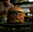 an insect beetle hamburger with green salad, burger made of beetles or meal worms, insect meal or similar, fictitious insects
