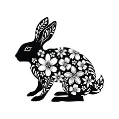 Wall Mural - Easter bunny with floral pattern. Rabbit Paper Cut on white background