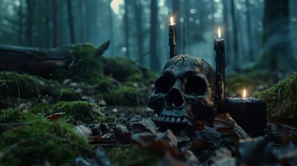 Wall Mural - black magic candles with a skull on the ground with fog in the forest.