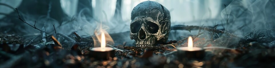 Wall Mural - black magic candles with a skull on the ground with fog in the forest.