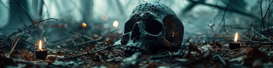 Wall Mural - black magic candles with a skull on the ground with fog in the forest.