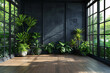 A serene indoor garden with lush green plants against a dark, artistic wall, illuminated by natural light.