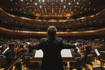 Wall Mural - A conductor stands in front of a seated orchestra, directing the musicians during a performance