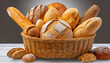 canasto de mimbre lleno de diferentes tipos de panes