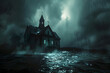 Ominous Paranormal Haunting Unravels in Dark Stormy Night at Abandoned Gothic Mansion on Isolated Cliffside