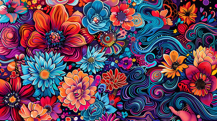 Wall Mural - This vibrant and colorful artwork features an intricate design of various flowers and swirling patterns