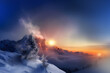 A snowy mountain landscape under a starry sky at sunrise, showcasing nature’s serene and majestic beauty.