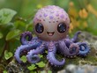 Funny kawaii octopus, purple shades, giggling face, closeup, quirky charm, gentle green background