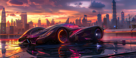 Wall Mural - This captivating image portrays a futuristic scene: a sleek, modern car with a vibrant paint job is parked on a rooftop at sunset.