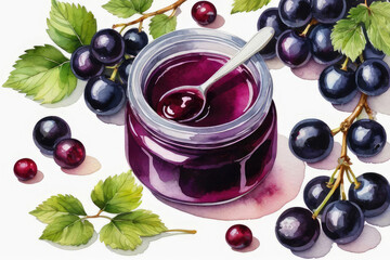 Wall Mural - Glass jar of black currant jam or marmalade and fresh berries black currant on white background.