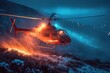 A rescue team using a helicopter with a spotlight to locate a lost camper at night