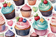 Sweet cupcakes with berry and whipped cream for sweet design in watercolor style.