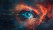 A logo that combines a stylized cyber eye within a network of circuits set against a backdrop of a celestial nebula embodying vigilant cybersecurity