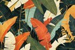 Art deco poster featuring stylized banana leaves their forms simplified and colors exaggerated celebrating the exuberance of tropical flora