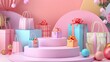 © Digital Artistry Den - This visually striking 3D showcases a dynamic retail sales stage with a round podium design,enhanced by a variety of pastel-colored gift boxes and shopping bags The festive arrangement creates an