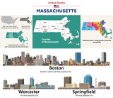 Fototapeta Londyn - Massachusetts counties map and congressional districts since 2023 map. Skylines of Boston, Worcester and Springfield. Vector set