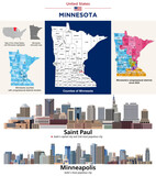 Fototapeta Londyn - Minnesota counties map and congressional districts since 2023 map. Saint Paul (state's capital city) and Minneapolis (state's most populous city) skylines. Vector set
