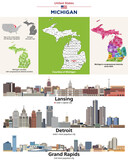 Fototapeta Londyn - Michigan counties map and congressional districts since 2023 map. Lansing (state's capital city), Detroit and Grand Rapids (state's most populous cities) skylines. Vector set