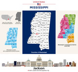 Fototapeta Londyn - Mississippi counties map and congressional districts since 2023 map. Jackson skyline (state's capital and most populous city). Vector set