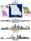 Fototapeta Londyn - Missouri counties map and congressional districts since 2023 map. Jefferson City (state's capital city), Kansas City and St. Louis(state's most populous cities) skylines. Vector set
