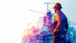 © Art of Ngu - illustration digital building construction engineering with double exposure graphic design. Building engineers, architect people or construction workers working with modern civil equipment technology