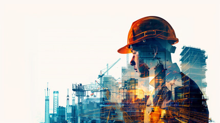 illustration digital building construction engineering with double exposure graphic design. Building engineers, architect people or construction workers working with modern civil equipment technology