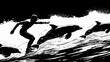 Comic strip of a surfer who discovers theyre not alone as playful dolphins join in turning the surf session into an aquatic dance