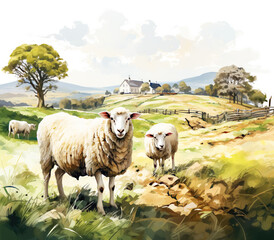 Wall Mural - Watercolor Farm Sheep in Countryside Landscape Painting Illustration