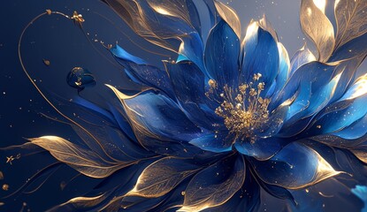 Poster - Beautiful blue and gold flowers with golden leaves, illustration