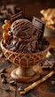 A generous scoop of rich chocolate ice cream served in a chocolate-dipped waffle bowl, garnished with chocolate shavings and a wafer stickdelicious food style, blur background, natural look