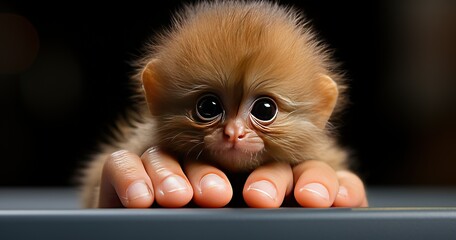 Wall Mural - Teeny-tiny monkey resting on a fingertip, tiny animal,isolated on a white background