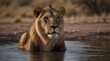 Portrait of a Beautiful lion lion at the waterhole .Generative AI