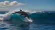 Playful dolphins jumping over breaking waves. Hawaii Pacific Ocean wildlife scenery. Marine animals in natural habitat .Generative AI