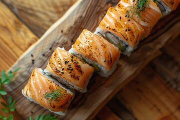 Wall Mural - An overhead shot of a beautifully arranged salmon roll on a traditional Japanese wooden serving board. Include details like the slight imperfections in the wood, complementing the roll's perfection.
