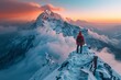 © Denis Mamin - A solitary hiker stands at the edge of a snow-covered peak, gazing at the majestic mountain bathed in sunrise hues. AI Generated