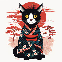 Cute black cat in Japanese kimono. illustration.