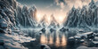 Foto einer verschneiter Gebirgslandschaft mit Wasserfall und See, mystisch, verträumt