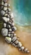 Minimalist abstract Background Mindfulness: Rocks scattered along the shore of a beach with water gently lapping at the shoreline, illustration, wallpaper
