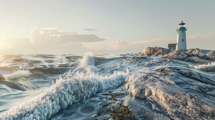 Poster - Waves on the rocks in front of the lighthouse .AI generated image