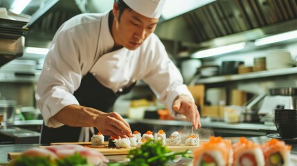 Wall Mural - Asian chef cooking sushi in the restaurant kitchen AI generated image