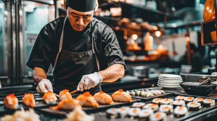 Wall Mural - Asian chef cooking sushi in the restaurant kitchen AI generated image