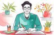 illustration young smiling Asian man writes a book, does a project, draws, writes in a notebook, conducts his own video blog, concept of freelancing work at home.