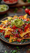 A plate of colorful vegetable nachos served with guacamole and salsa